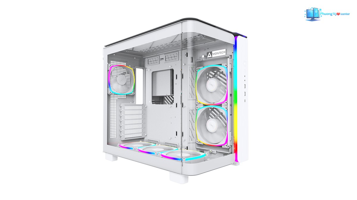 MONTECH KING 95 PRO nhìn nghiêng qua kính, thấy quạt RGB phía sau, bên hông và đáy