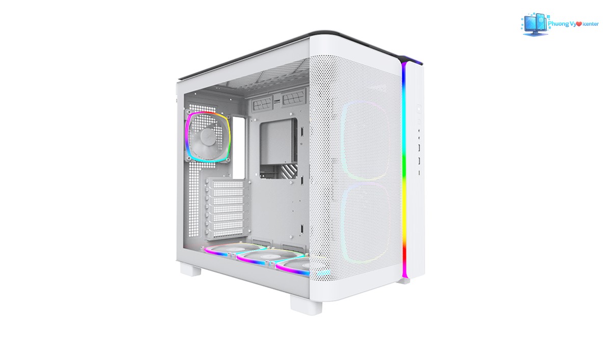MONTECH KING 95 PRO nhìn nghiêng với tấm lưới phía trước che hai quạt RGB