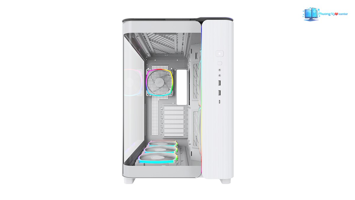 MONTECH KING 95 PRO nhìn từ mặt trước, có kính trong và dải nút, cổng bên phải