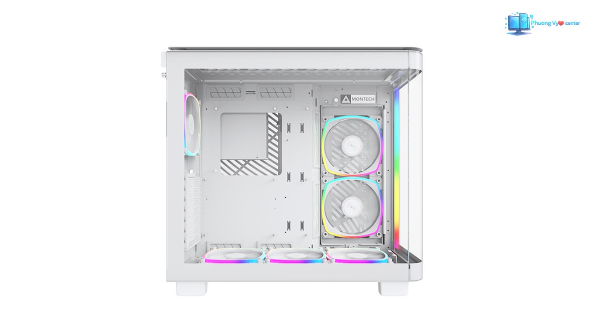 MONTECH KING 95 PRO nhìn qua mặt hông kính, thấy khoang linh kiện và quạt viền RGB