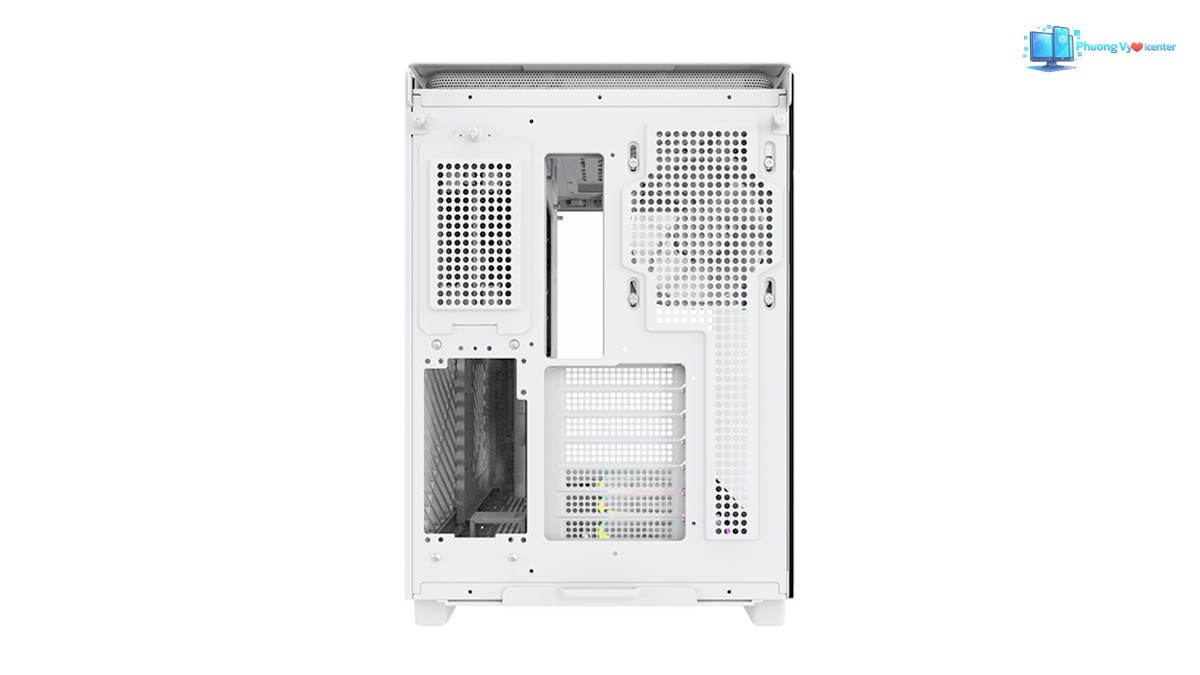 Mặt sau MONTECH KING 95 PRO với lưới thoát khí, khe mở và nắp khe mở rộng
