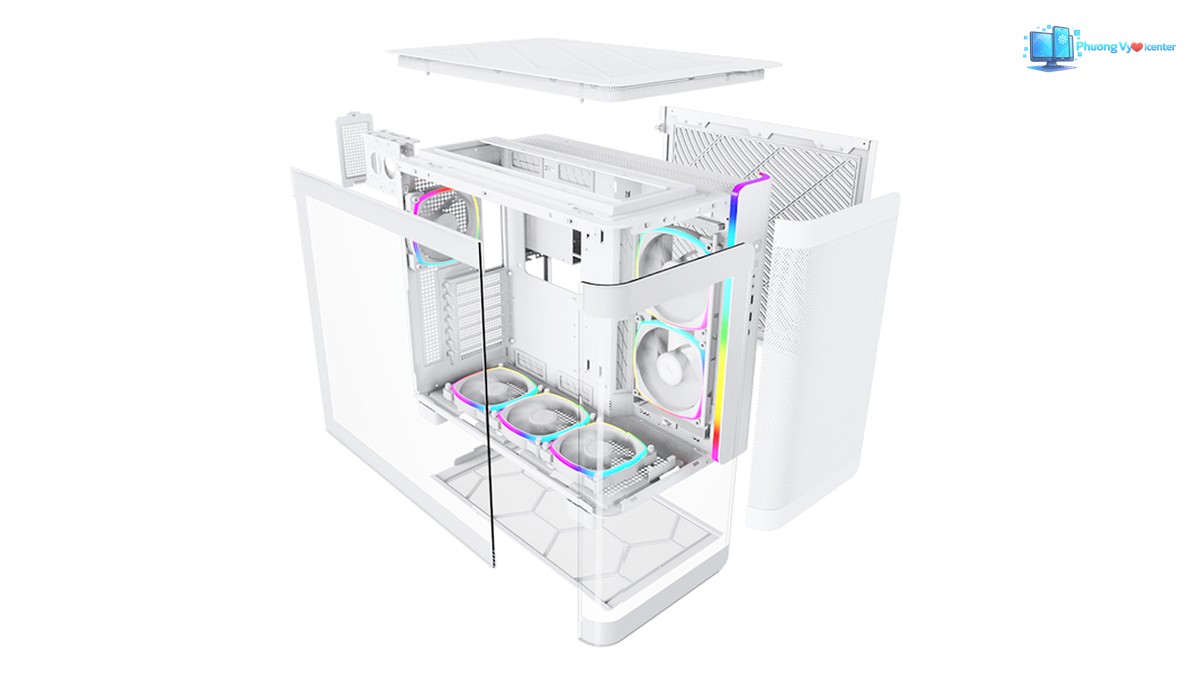 MONTECH KING 95 PRO minh họa tháo các tấm kính và nắp, để lộ khung cùng quạt RGB