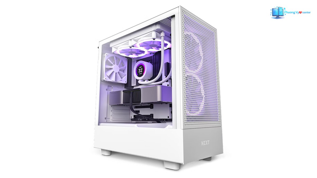 NZXT H5 Flow White chụp nghiêng, thấy mặt lưới trước và linh kiện bên trong sáng tím