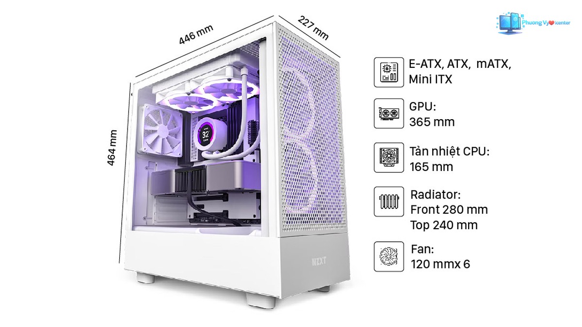 NZXT H5 Flow White chụp nghiêng kèm chú thích kích thước và khả năng lắp linh kiện