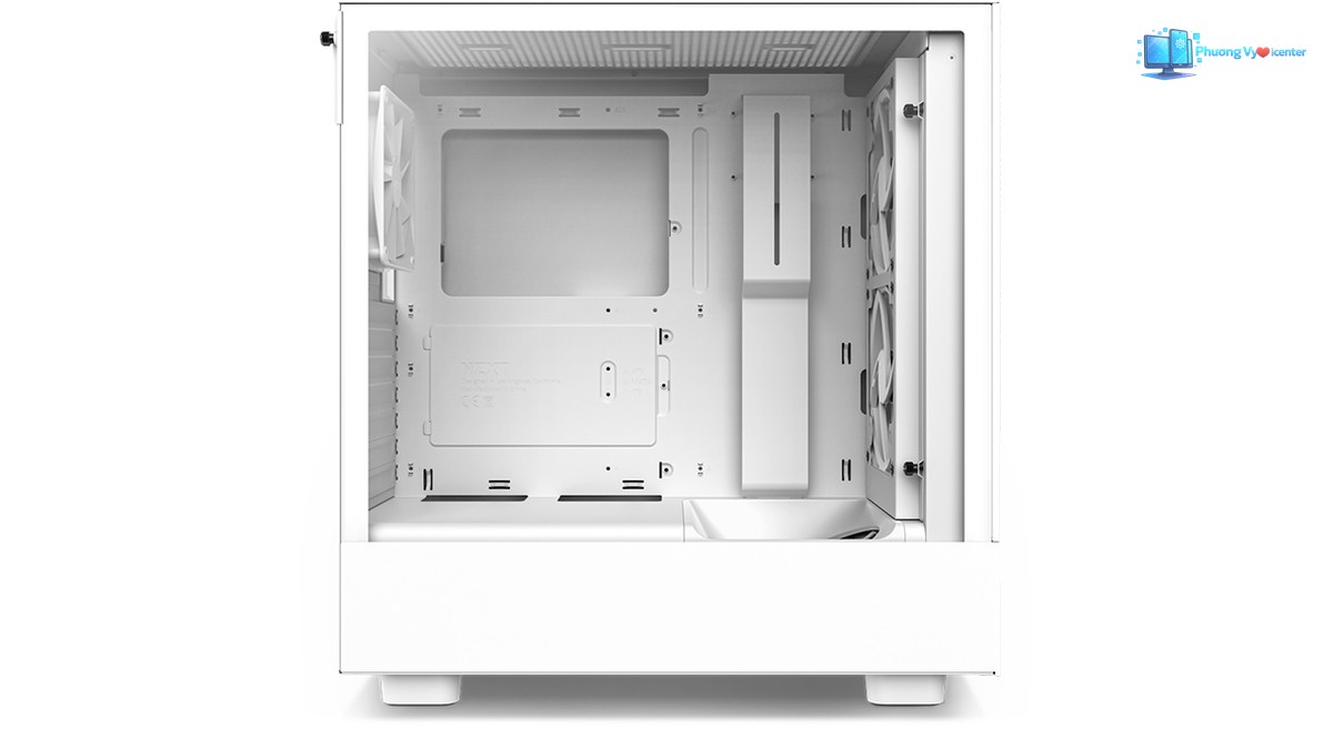 NZXT H5 Flow White nhìn từ cạnh bên, thấy khoang trống và quạt phía trước, phía sau