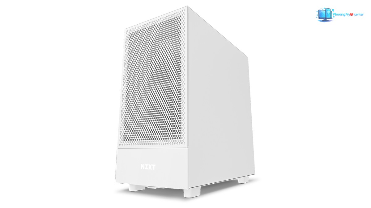 NZXT H5 Flow White chụp nghiêng, thể hiện mặt trước dạng lưới và tấm hông kín