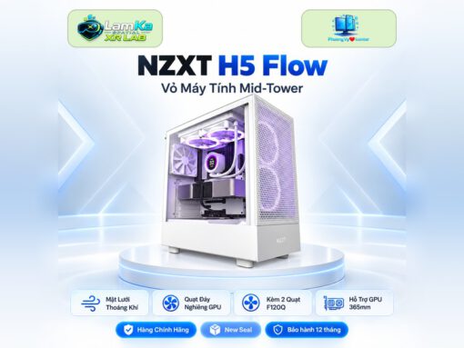 Vỏ máy tính NZXT H5 Flow All White trên đế tròn với nền công nghệ