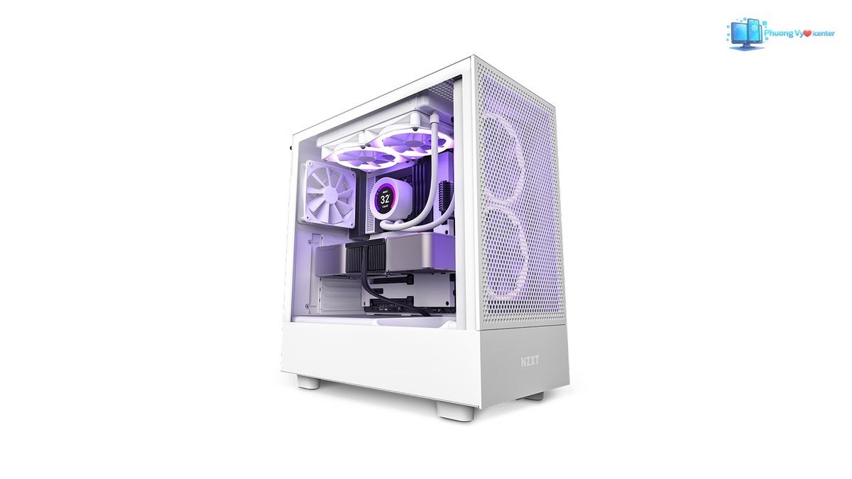 NZXT H5 Flow màu trắng chụp nghiêng, thấy mặt lưới trước và linh kiện bên trong với đèn tím