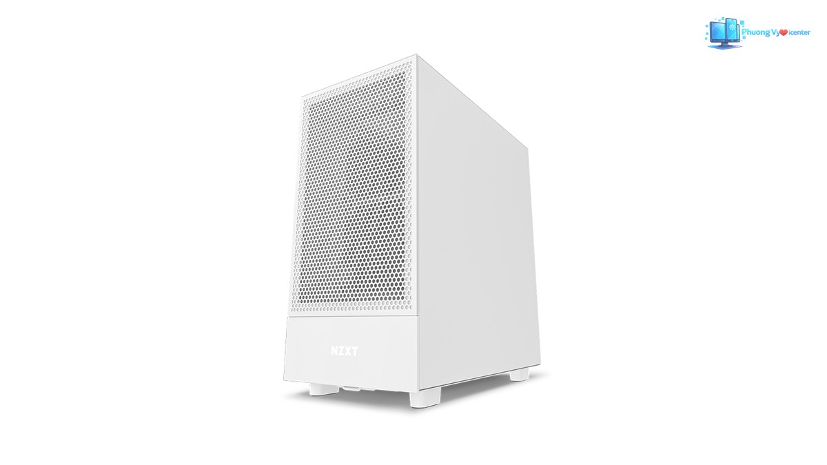 NZXT H5 Flow màu trắng chụp nghiêng, thấy mặt lưới trước và tấm hông kín