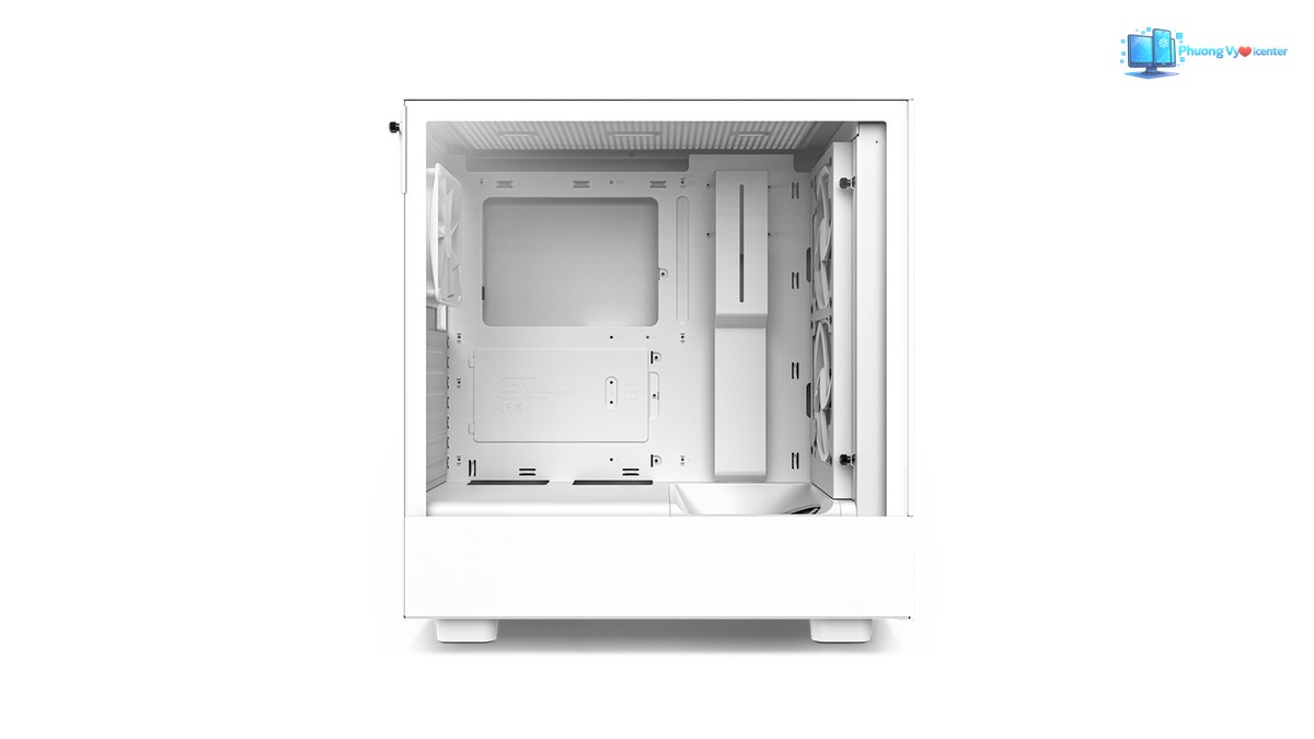 NZXT H5 Flow nhìn từ bên hông, thấy khoang máy trống, khay bo mạch và quạt phía trước