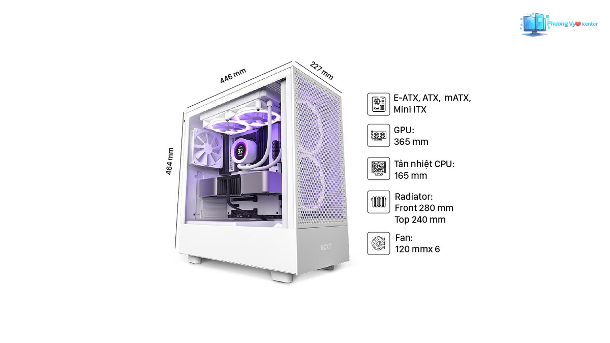 NZXT H5 Flow chụp nghiêng kèm chú thích kích thước và khả năng lắp linh kiện