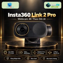 Webcam Insta360 Link 2 Pro đặt trên đế tròn với nền công nghệ
