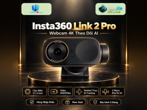 Webcam Insta360 Link 2 Pro đặt trên đế tròn với nền công nghệ