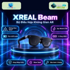 Bộ điều khiển XREAL Beam màu xám nhạt trên đế tròn với nền công nghệ