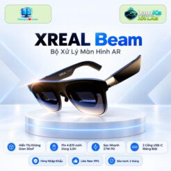 Bộ điều khiển XREAL Beam màu xám nhạt trên đế tròn với nền công nghệ
