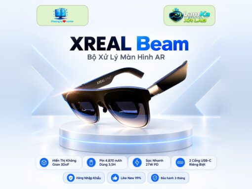 Bộ điều khiển XREAL Beam màu xám nhạt trên đế tròn với nền công nghệ
